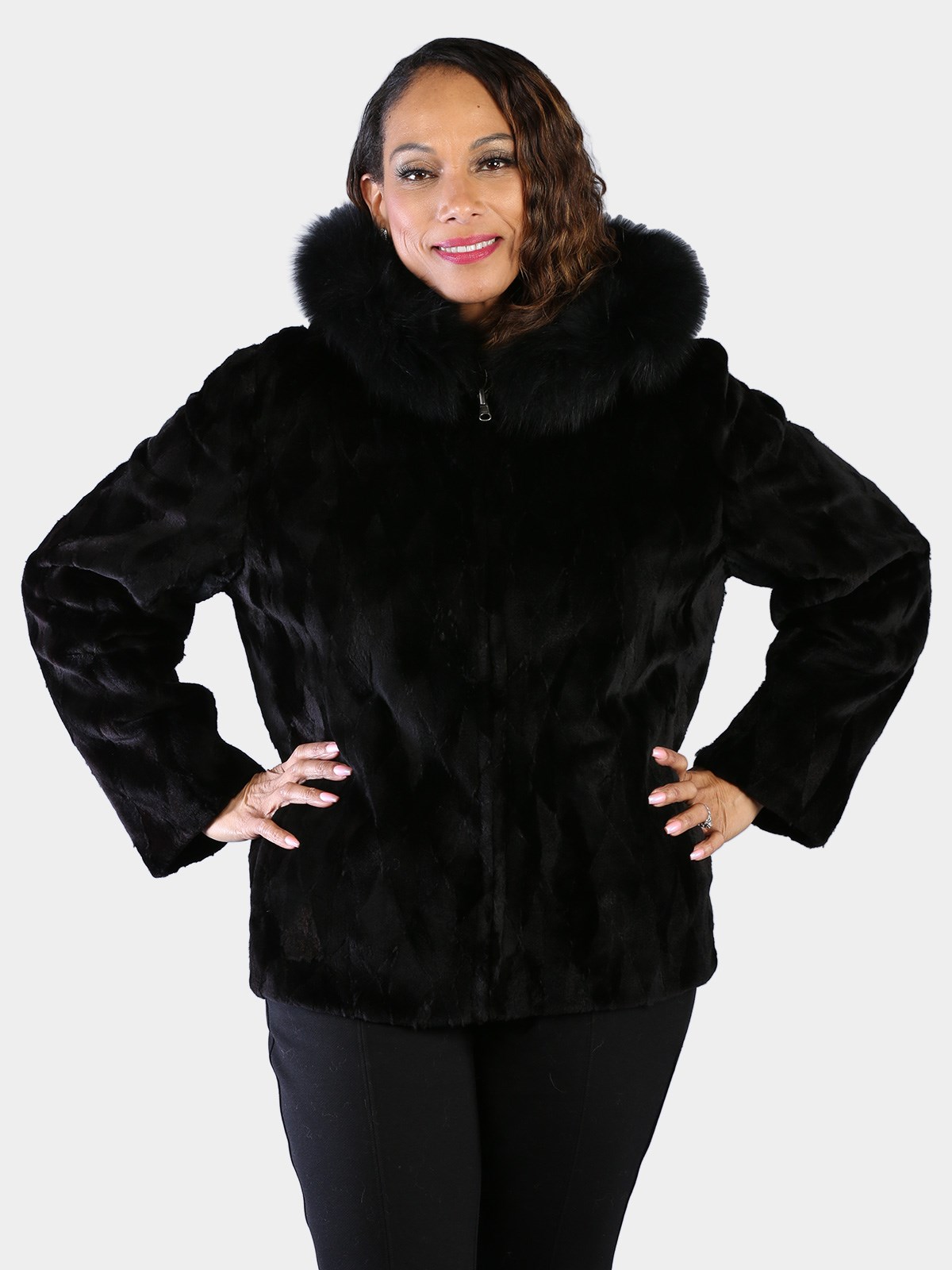 Woman's Plus Size Dyed Black Sheared Sculptured Mink Fur Parka Reversible to Rain Taffeta