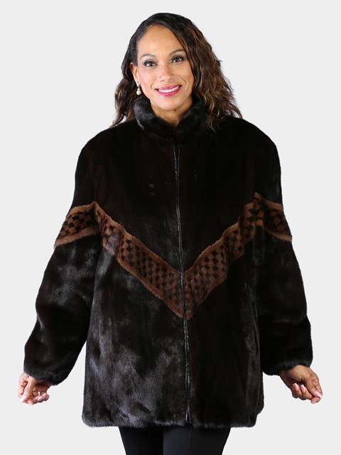 Woman's Plus Size Natural Ranch Mink Fur Jacket Reversing to Black Leather