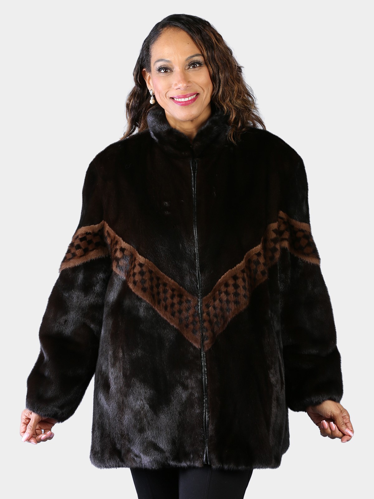 Woman's Plus Size Natural Ranch Mink Fur Jacket Reversing to Black Leather