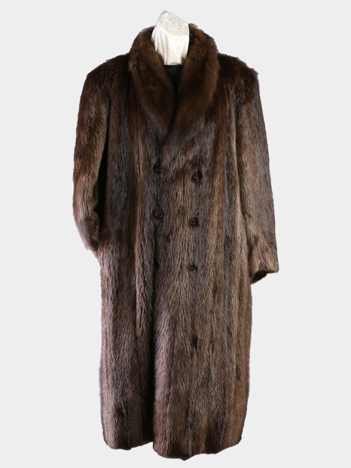 Man's Natural Medium Tone Long Hair Beaver Fur Coat with Stone Martin Collar