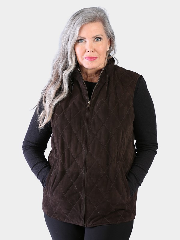 Woman's Brown Suede Quilted Leather Vest Reversible to Brown Rain Taffeta