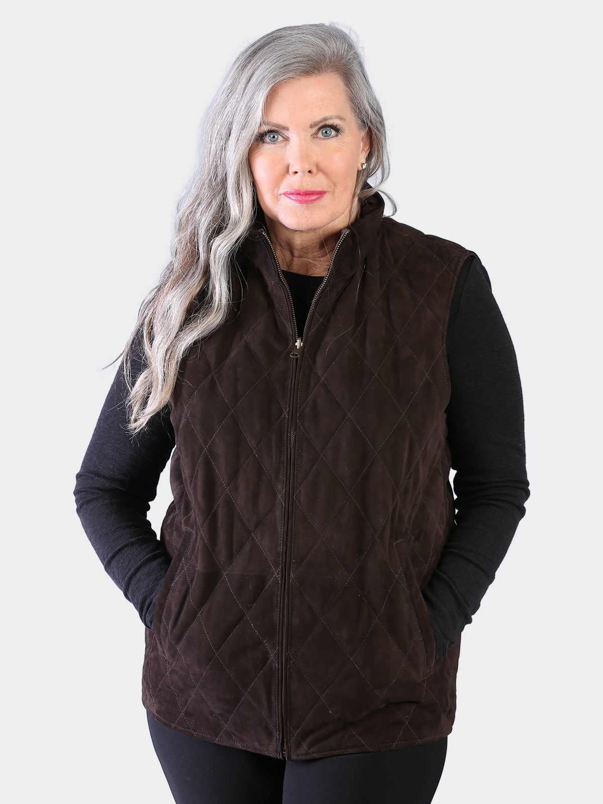 Woman's Brown Suede Quilted Leather Vest Reversible to Brown Rain Taffeta
