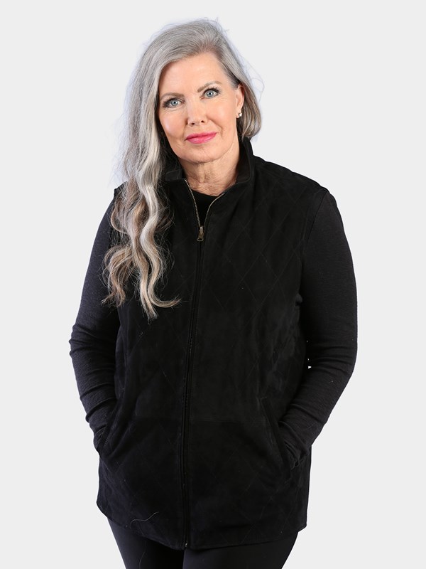 Woman's Black Suede Quilted Leather Vest Reversible to Black Rain Taffeta
