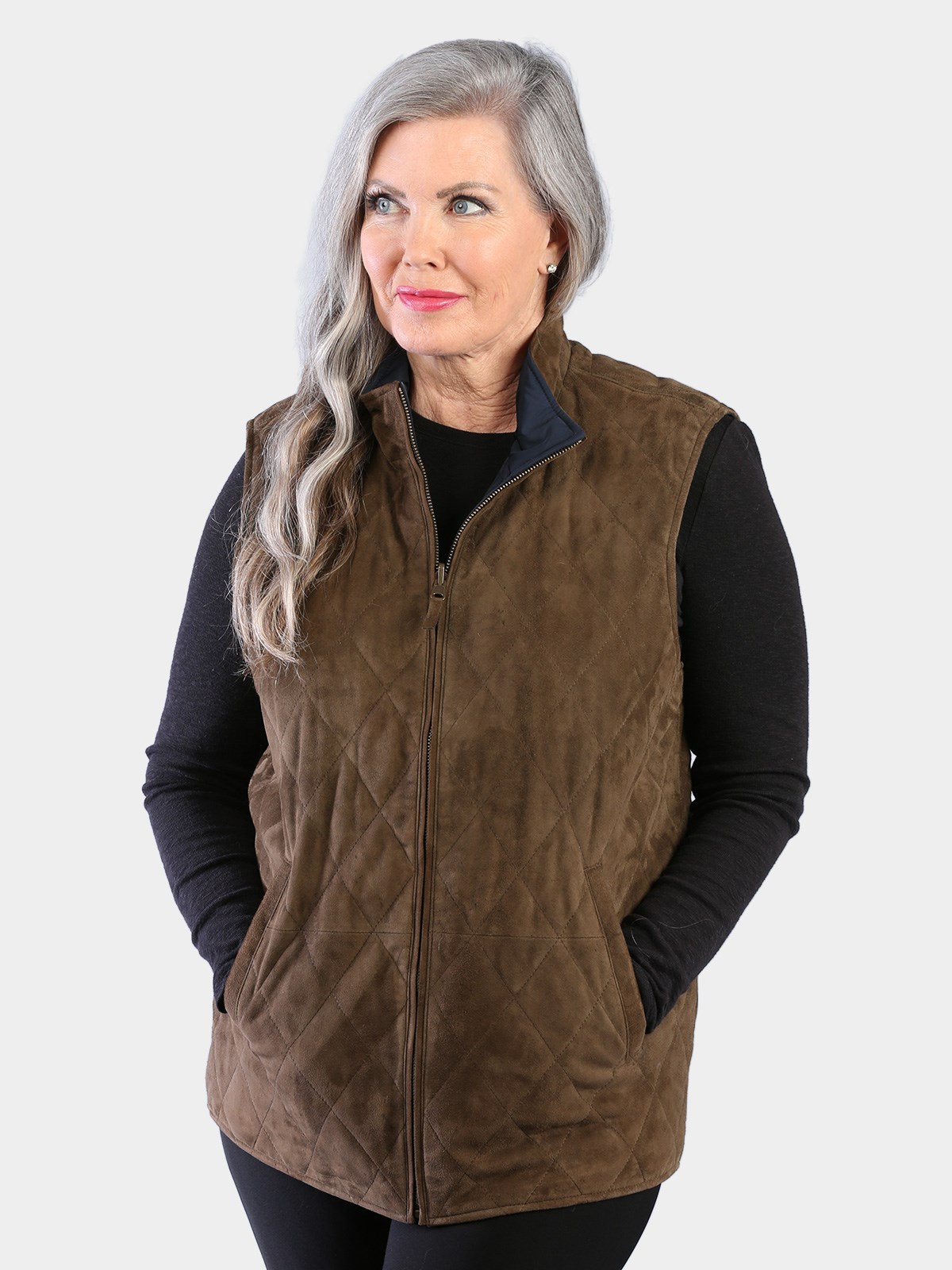 Woman's Tobacco Suede Quilted Leather Vest Reversible to Navy Rain Taffeta