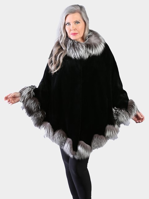 Woman's Dyed Black Sheared Mink Fur Cape with Silver Fox Trim