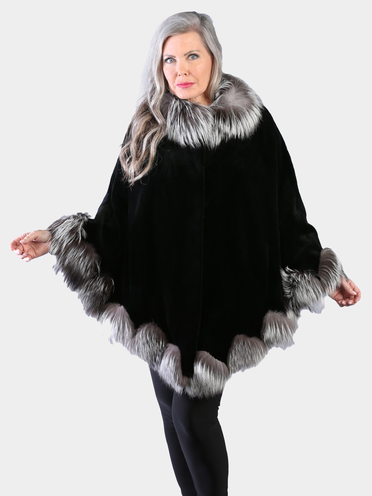 Woman's Dyed Black Sheared Mink Fur Cape with Silver Fox Trim