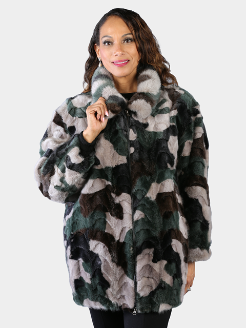 Woman's Plus Size Dyed Camo Sculptured Mink Fur Jacket