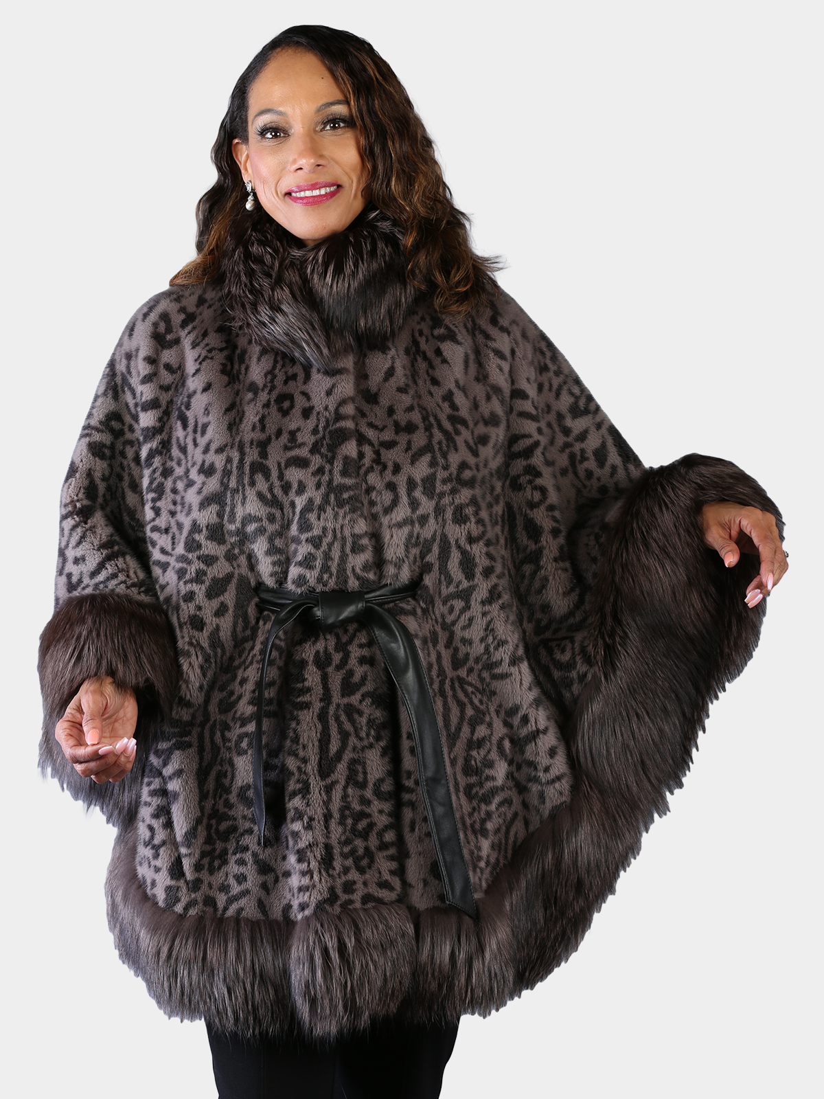 Woman's Plus Size Grey / Black Animal Print Stenciled Mink Fur Cape with Silver Fox Trim and Leather Belt