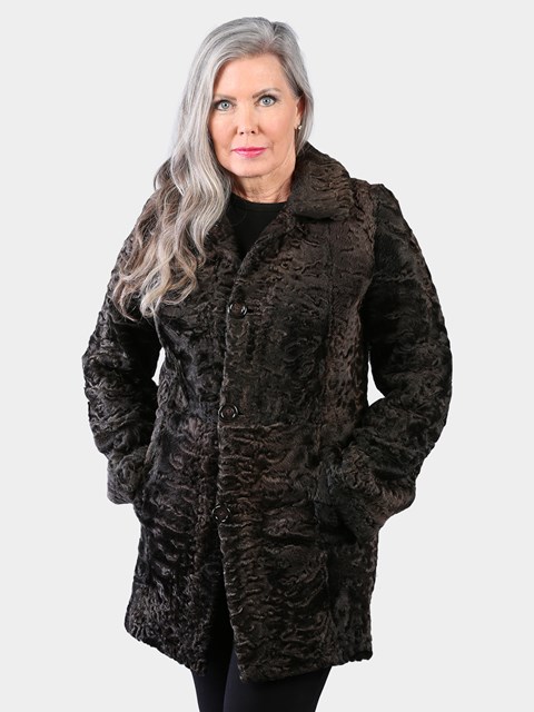 Woman's Dyed Brown Swakara Lamb Fur Jacket (Reversible)