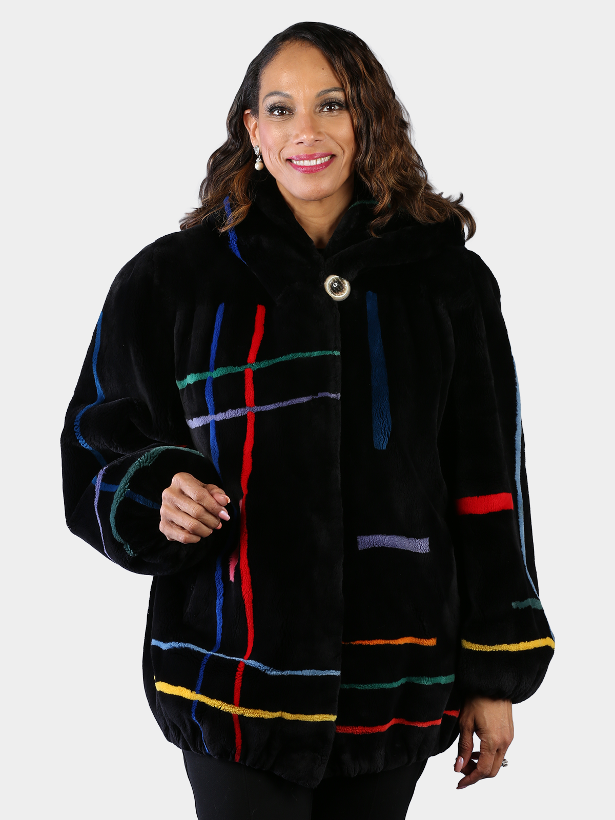 Woman's Plus Size Dyed Zuki Sheared Beaver Fur Parka Black with Colorful Abstract Design