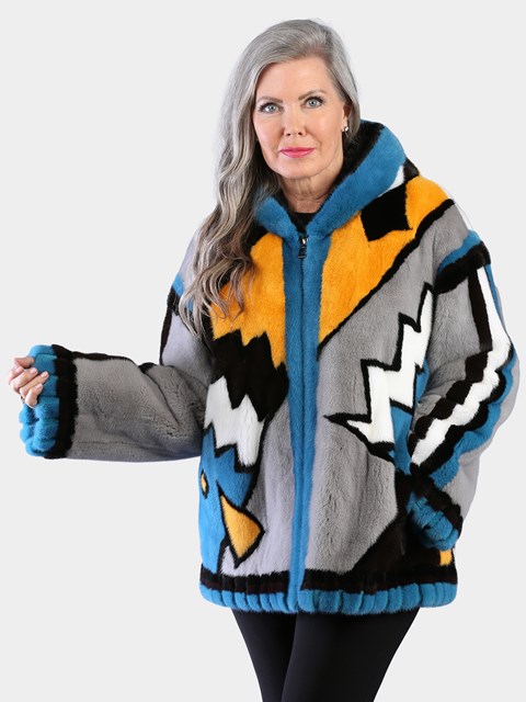 Woman's Dyed Female Mink Fur Parka with Multi Colored Abstract Design