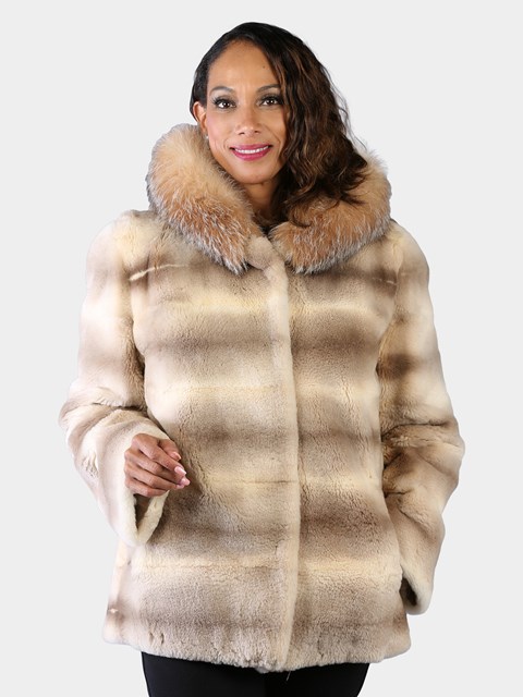 Woman's Natural Sheared Beige and Cream 'Bassarisk' Fur Parka