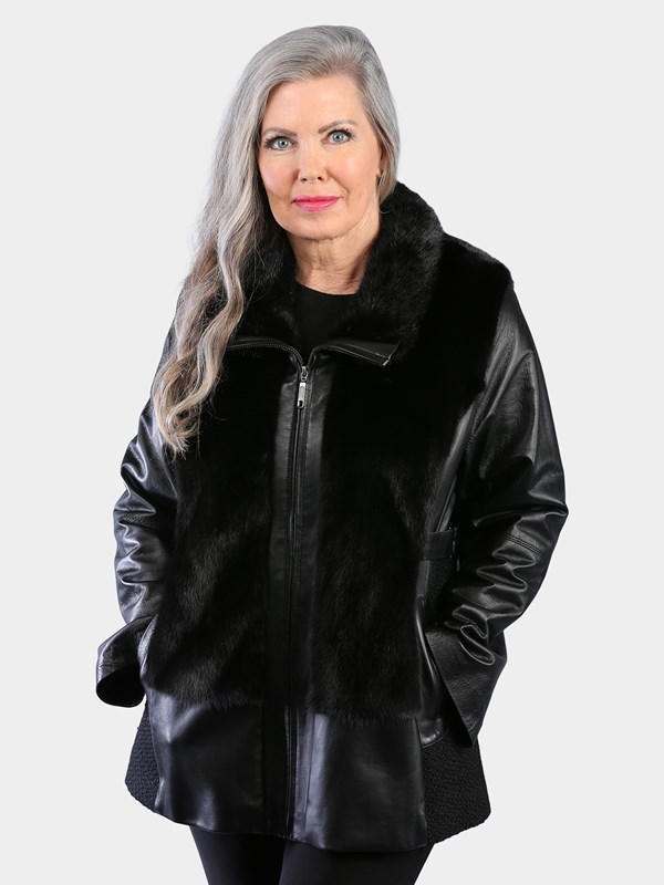 Woman's Natural Ranch Mink Fur Jacket with Leather Sleeves and Sides