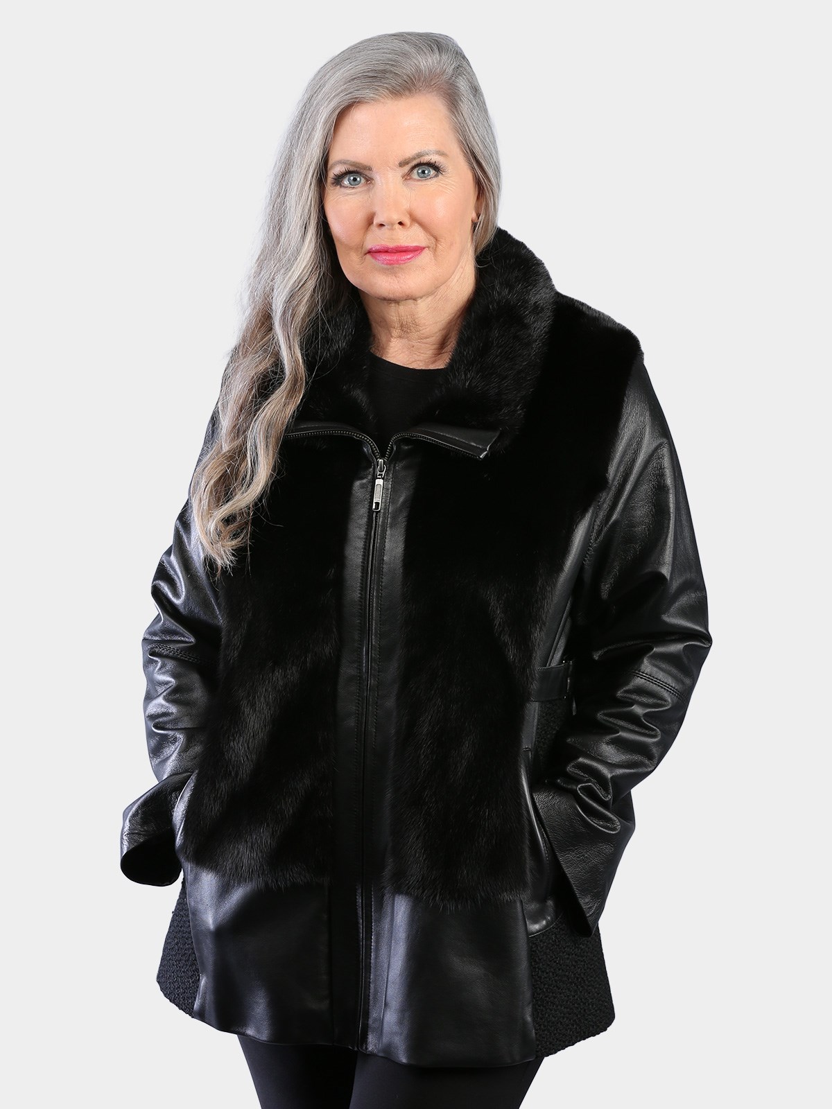 Woman's Natural Ranch Mink Fur Jacket with Leather Sleeves and Sides