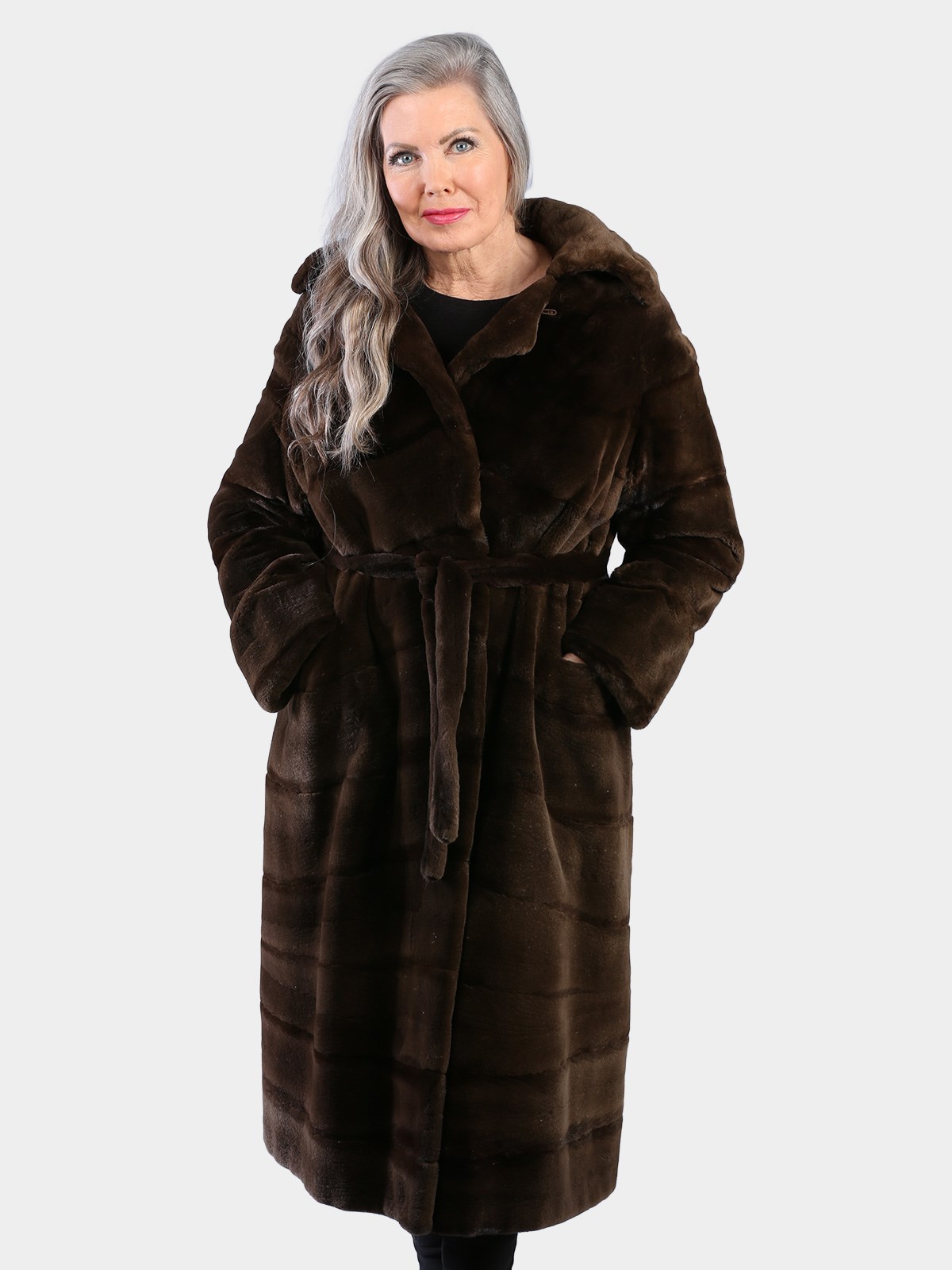 Woman's Dyed Brown Sheared Mink Fur Coat with Belt