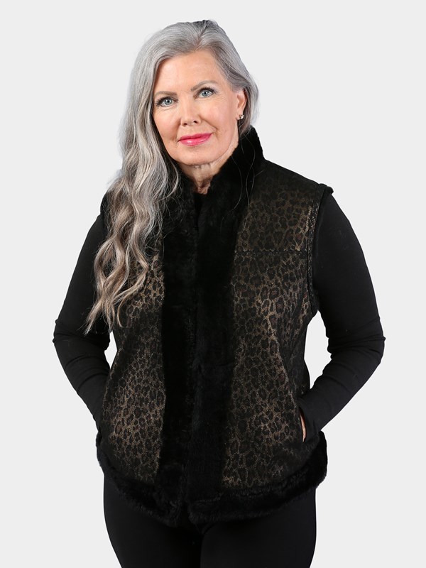 Woman's Dyed Black and Gold Animal Print Shearling Lamb Fur Vest