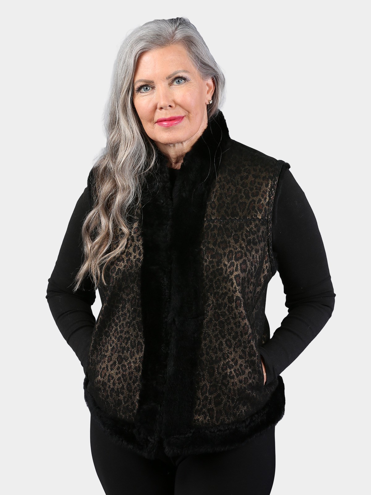 Woman's Dyed Black and Gold Animal Print Shearling Lamb Fur Vest
