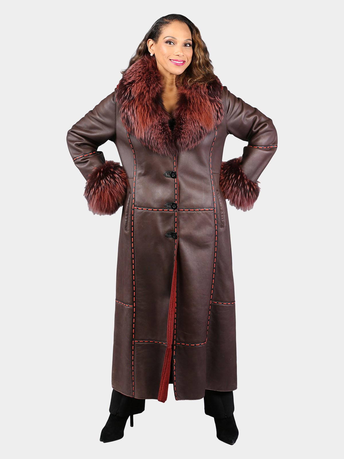 Woman's Dyed Brown and Red Shearling Lamb Coat and Dyed to Match Silver Fox Fur Trim by Louis Feraud