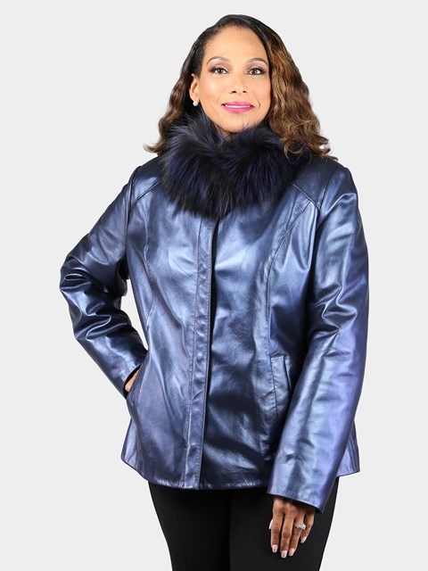 Woman's Dyed Pacific Blue Leather Jacket with Dyed Silver Fox Collar