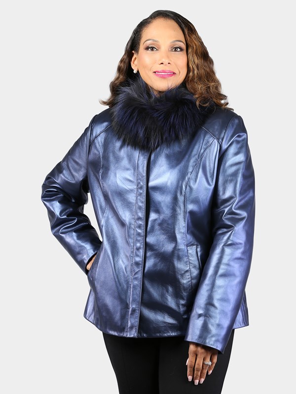 Woman's Dyed Pacific Blue Leather Jacket with Dyed Silver Fox Collar