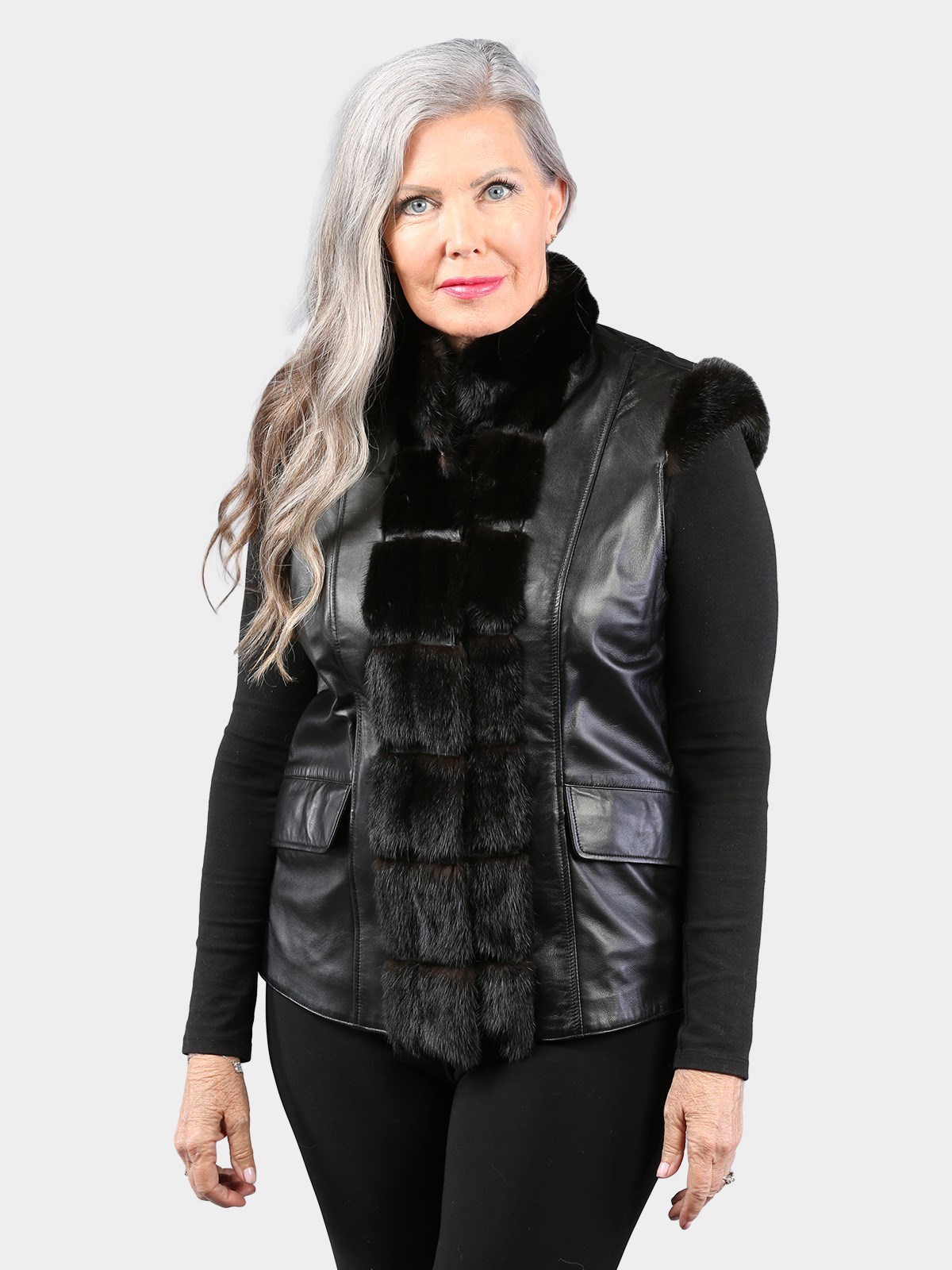 Woman's Dyed Black Lambskin Leather Vest with Ranch Mink Trim