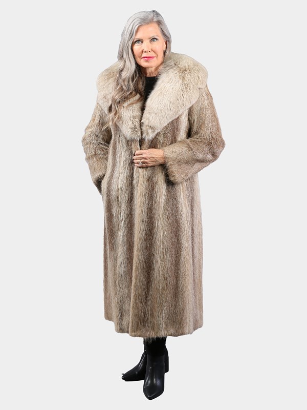 Women's Vintage Natural Nutria Fur Coat with Fox Collar