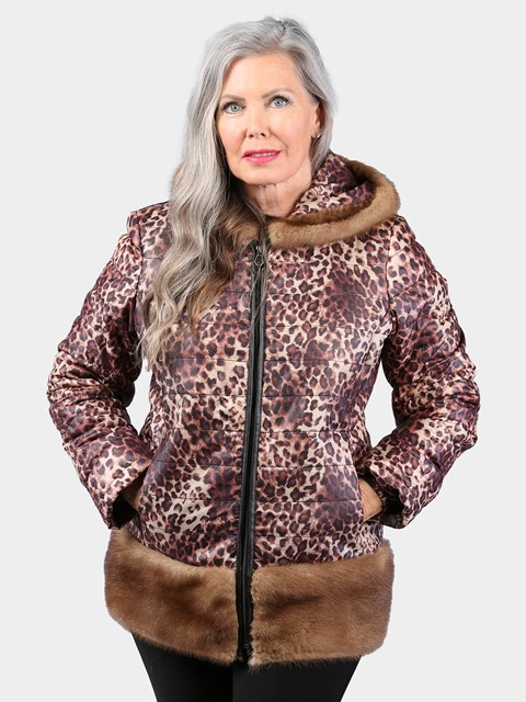Woman's Leopard Print Fabric Jacket with Black Shearling Lamb Interior and Lunaraine Mink Fur Trim