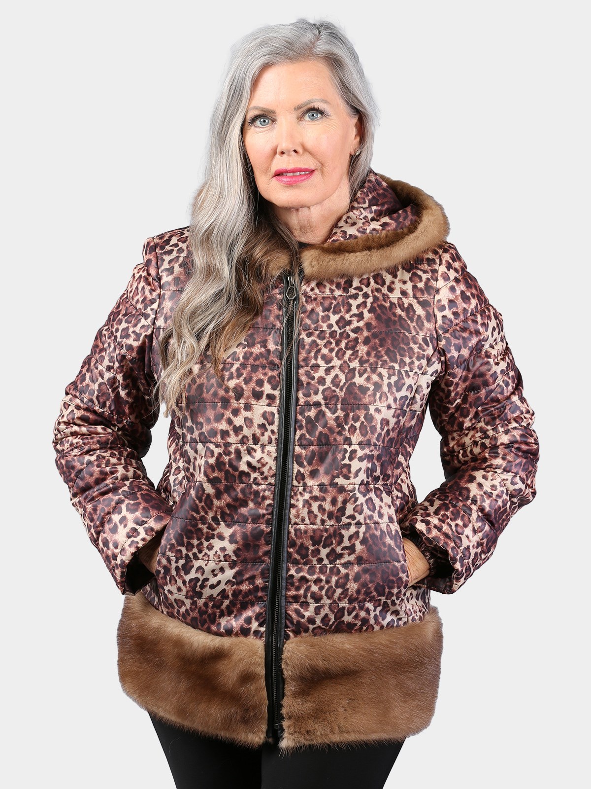 Woman's Leopard Print Fabric Jacket with Black Shearling Lamb Interior and Lunaraine Mink Fur Trim