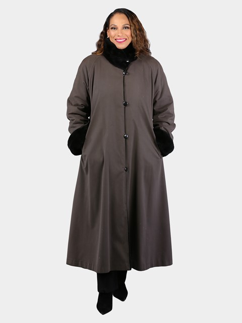 Woman's Grey Rain Fabric Coat with Sheared Black Nutria Fur Lining