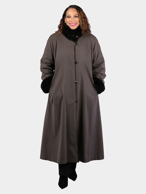 Woman's Grey Rain Fabric Coat with Sheared Black Nutria Fur Lining