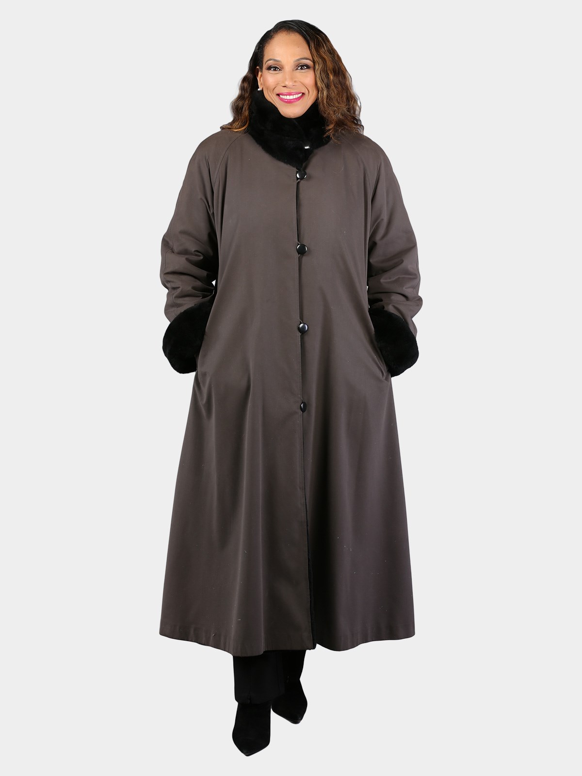 Woman's Grey Rain Fabric Coat with Sheared Black Nutria Fur Lining