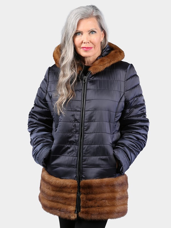 Woman's Navy Fabric Parka with Black Shearling Interior and Lunaraine Mink Trim