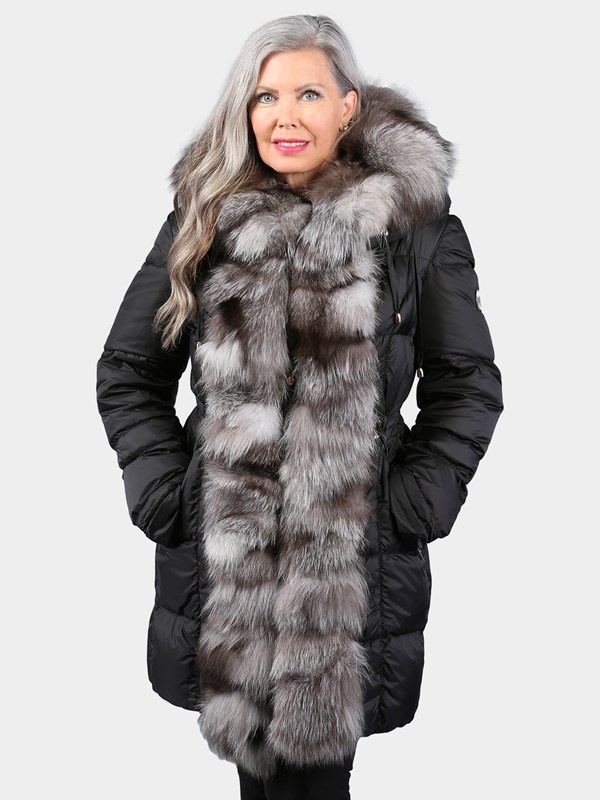 Woman's Gorski Apres Ski Black Goose Down Filled Stroller with Silver Fox Fur Trim