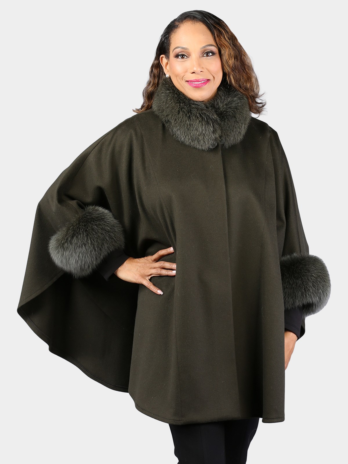 Woman's Dyed Deep Green Loro Piana Wool Cape with Fox Trim