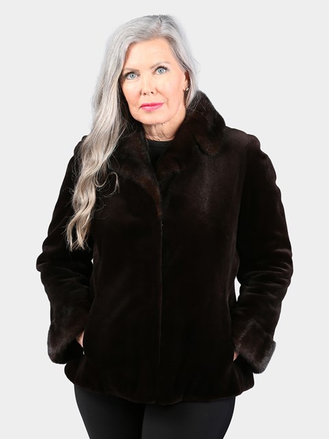 Woman's Petite Dyed Brown Sheared Mink Fur Jacket