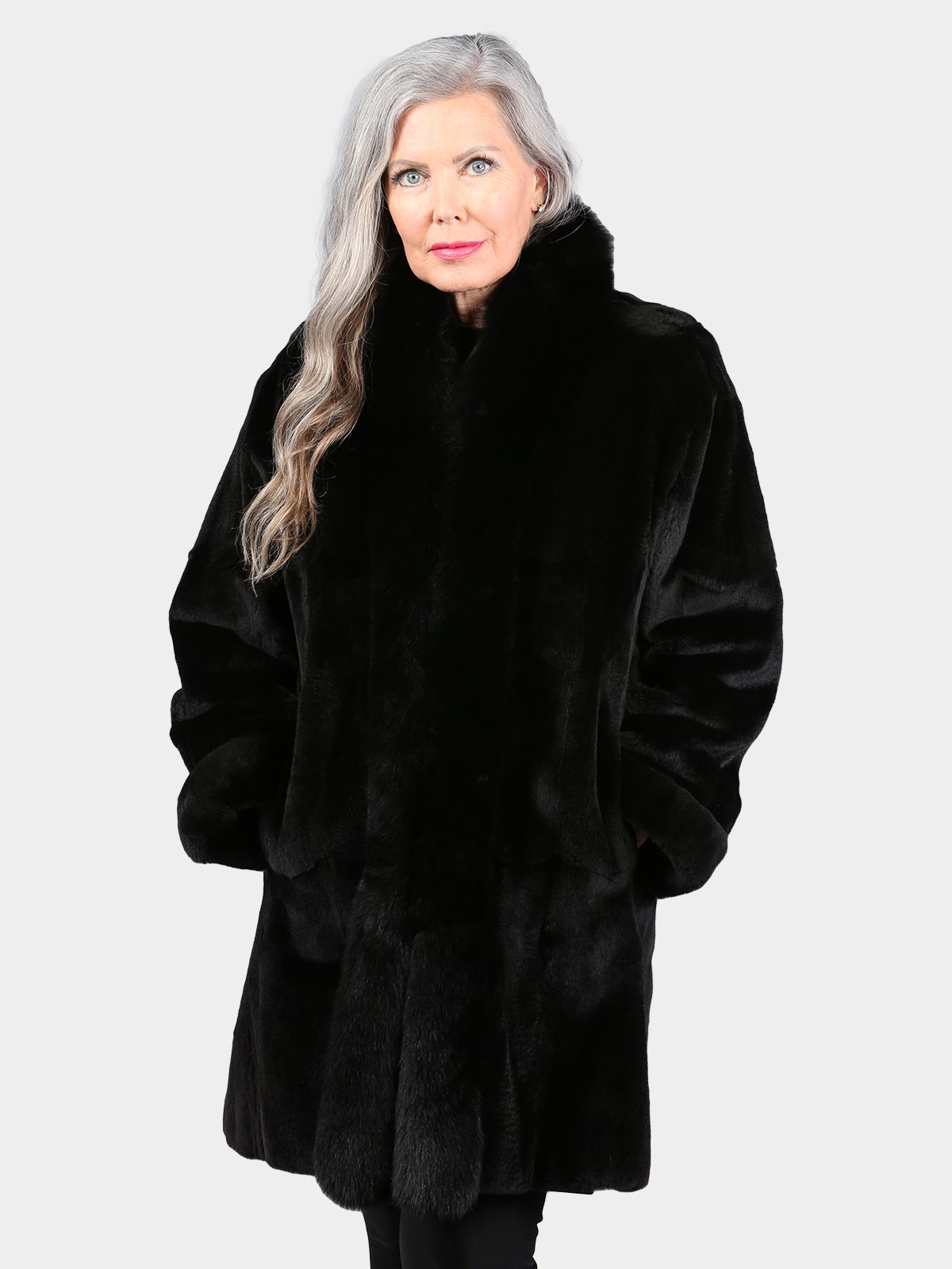 Woman's Dyed Black Sheared Mink Fur Stroller with Fox Tuxedo Front (Reversible)