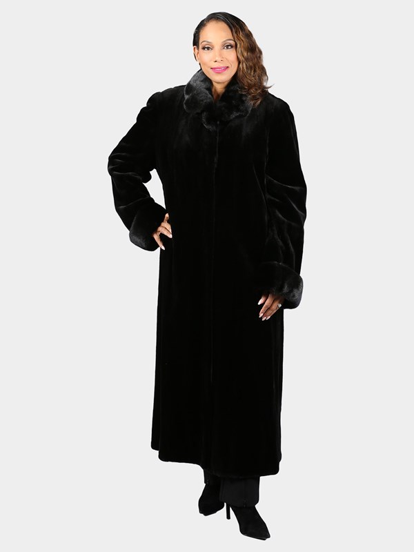 Woman's Plus Size Extra Long Dyed Black Sheared Mink Fur Coat