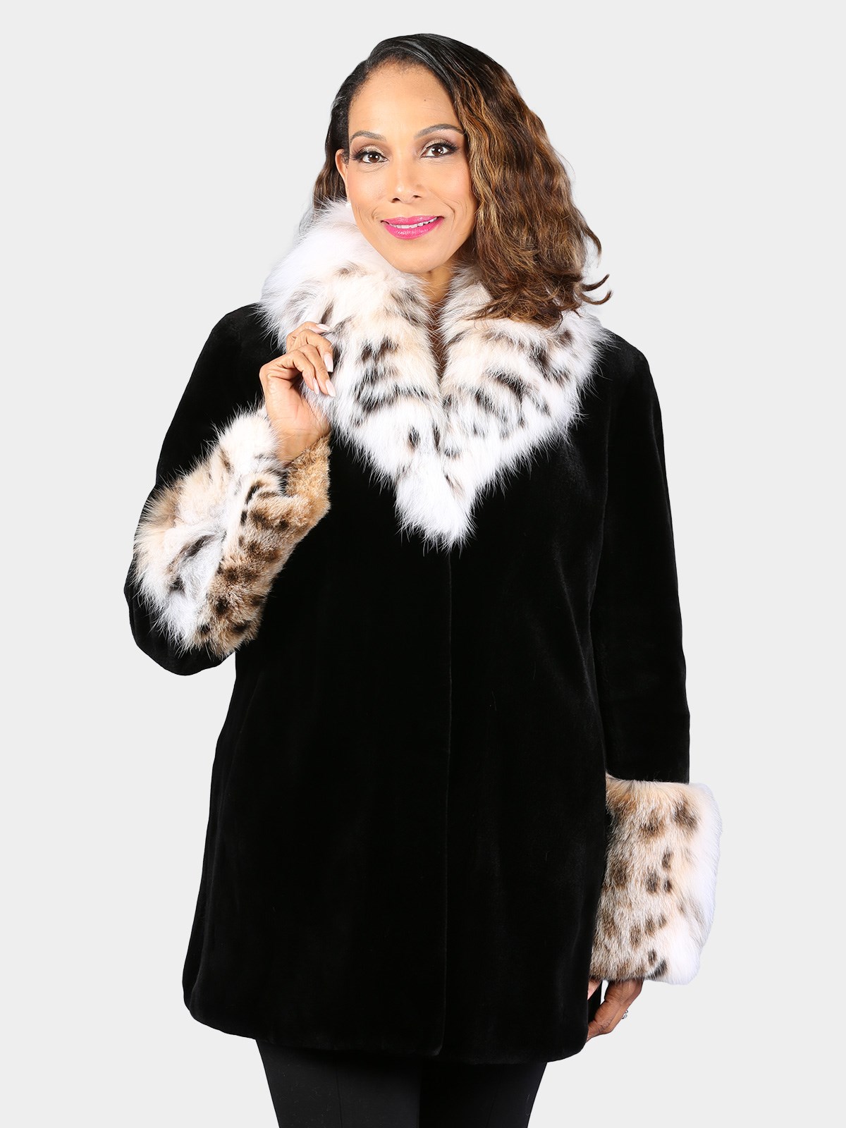 Woman's New Dyed Black Sheared Mink Fur Stroller with Chinchilla Collar and Cuffs