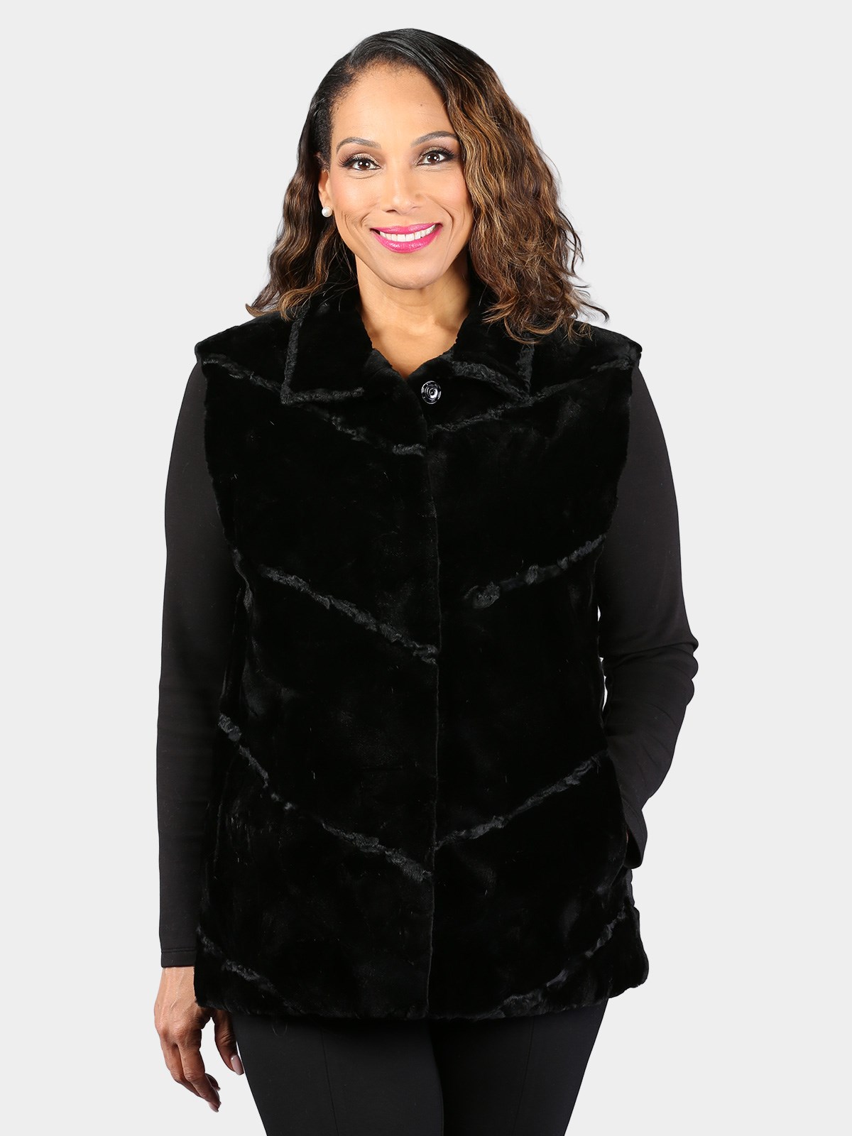 Woman's Dyed Black Sculptured Mink Fur Vest with Karakul Lamb Inserts (Reversible)