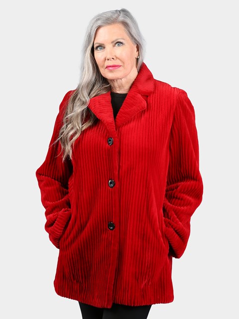 Woman's Dyed Red Sheared Mink Fur Jacket