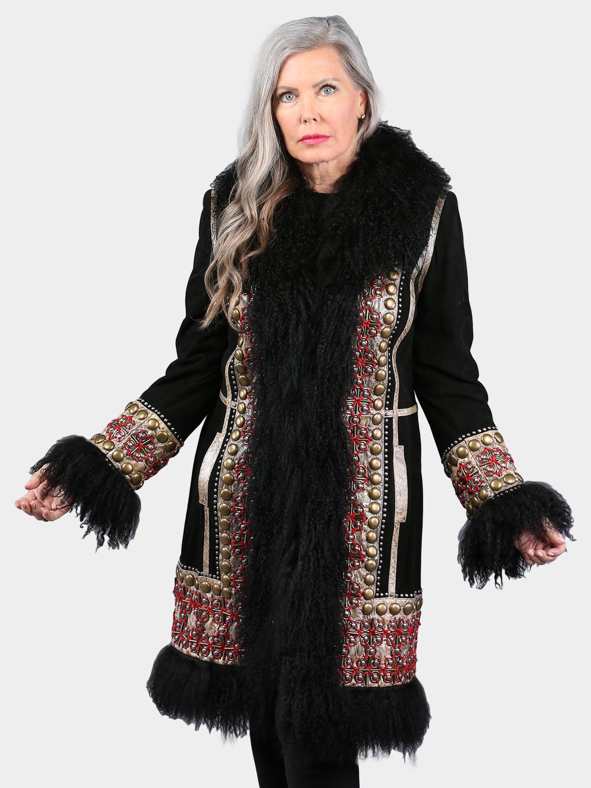 Woman's Dyed Black Leather Coat with Tibetan Lamb Fur Trim