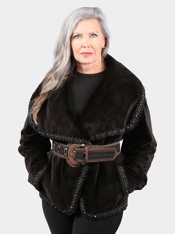 Woman's Dyed Deep Brown Sheared Mink Fur Jacket with Leather Belt