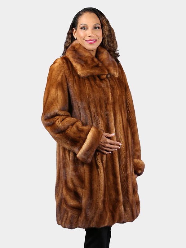 Woman's Dyed Whiskey Female Mink Fur 3/4 Coat with Directional Design at Hem