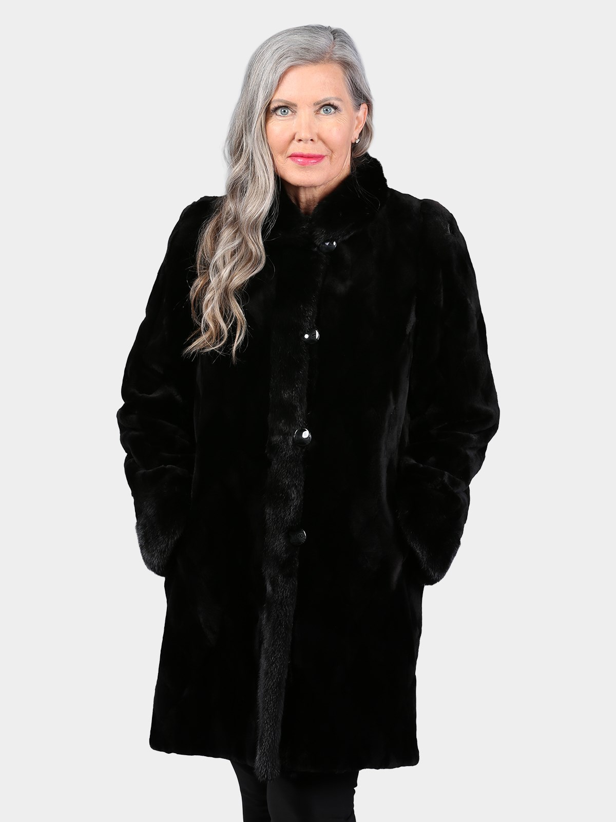 Woman's Dyed Black Sculptured Sheared Mink Fur Stroller (Reversible)