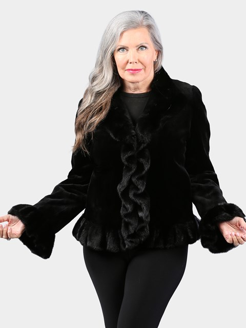 Woman's Dyed Black Sheared Mink Fur Jacket with Ruffles