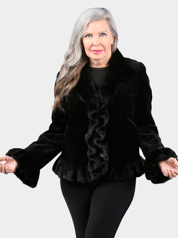 Woman's Dyed Black Sheared Mink Fur Jacket with Ruffles