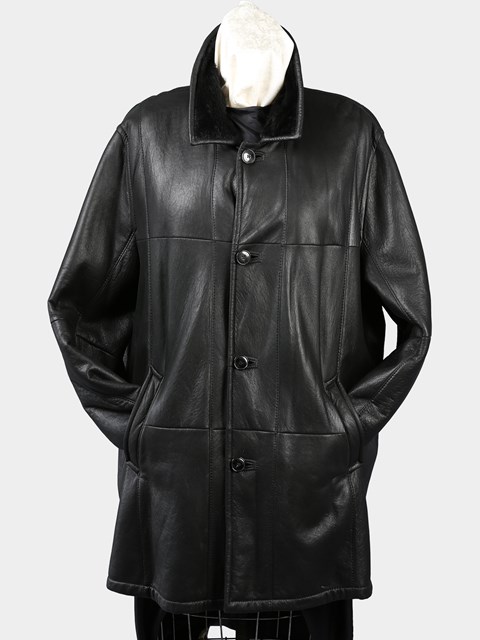 Man's Plus Size Dyed Black Christ Shearling Lamb Fur 3/4 Coat