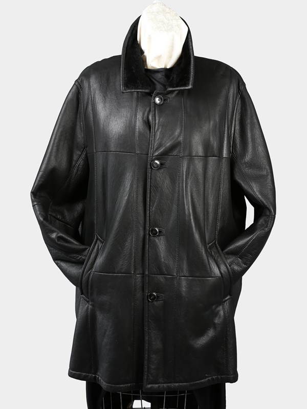 Man's Plus Size Dyed Black Christ Shearling Lamb Fur 3/4 Coat