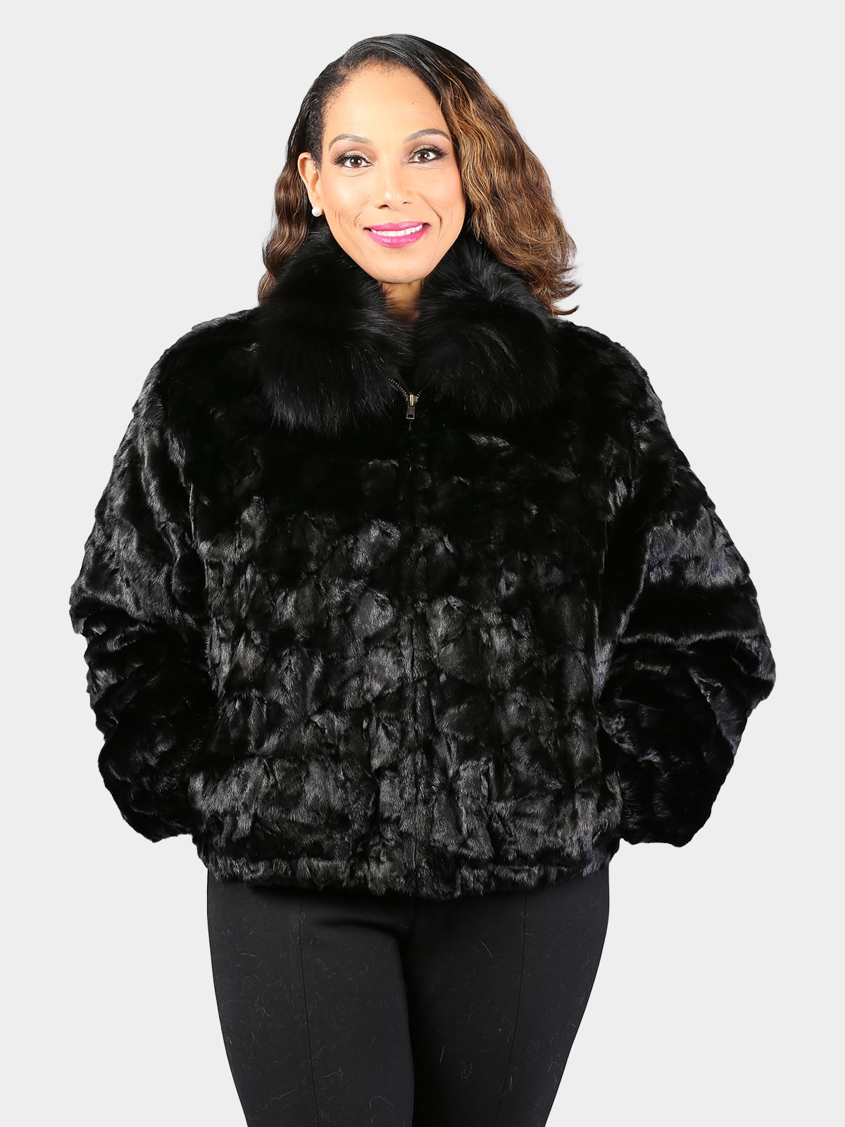Woman's Dyed Black Sculptured Mink Fur Jacket with Fox Collar