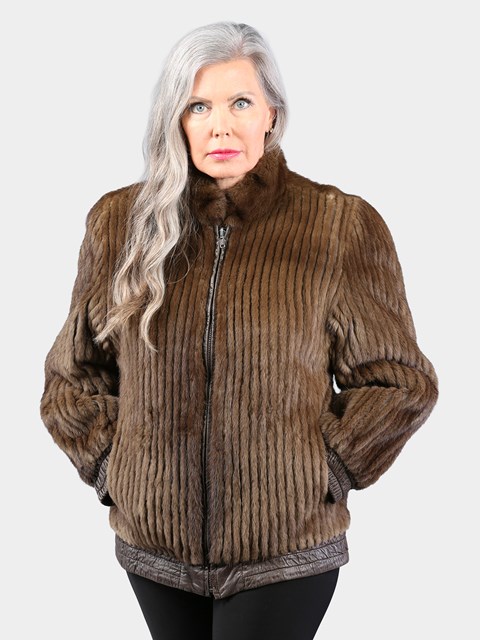 Woman's Dark Pastel Cord Cut Mink Fur Jacket Reversing to Brown Leather